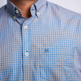 Camisa Manga Curta Azul Claro e Marrom Microxadrez