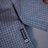 Camisa Manga Curta Azul Claro e Marrom Microxadrez