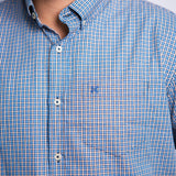 Camisa Manga Longa Azul Claro e Marrom Microxadrez