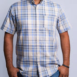 Camisa Manga Curta Xadrez Azul Céu e Cinza