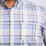 Camisa Manga Curta Xadrez Azul Céu e Cinza