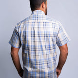 Camisa Manga Curta Xadrez Azul Céu e Cinza