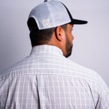 Camisa Manga Longa Microxadrez Azul e Off-White